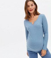 New Look Maternity Pale Blue Ribbed Notch Neck Long Sleeve Top